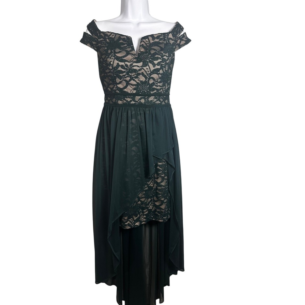 Morgan & Co Hunter Green Glitter Lace High-Low Off-Shoulder‎ Formal Dress 5